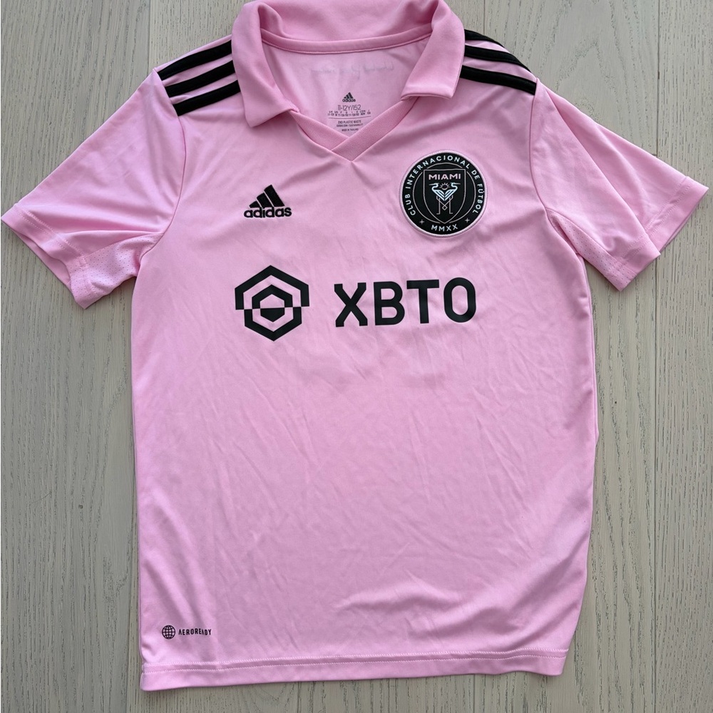 adidas Pink Inter Miami Kids Soccer Jersey with Black Accents